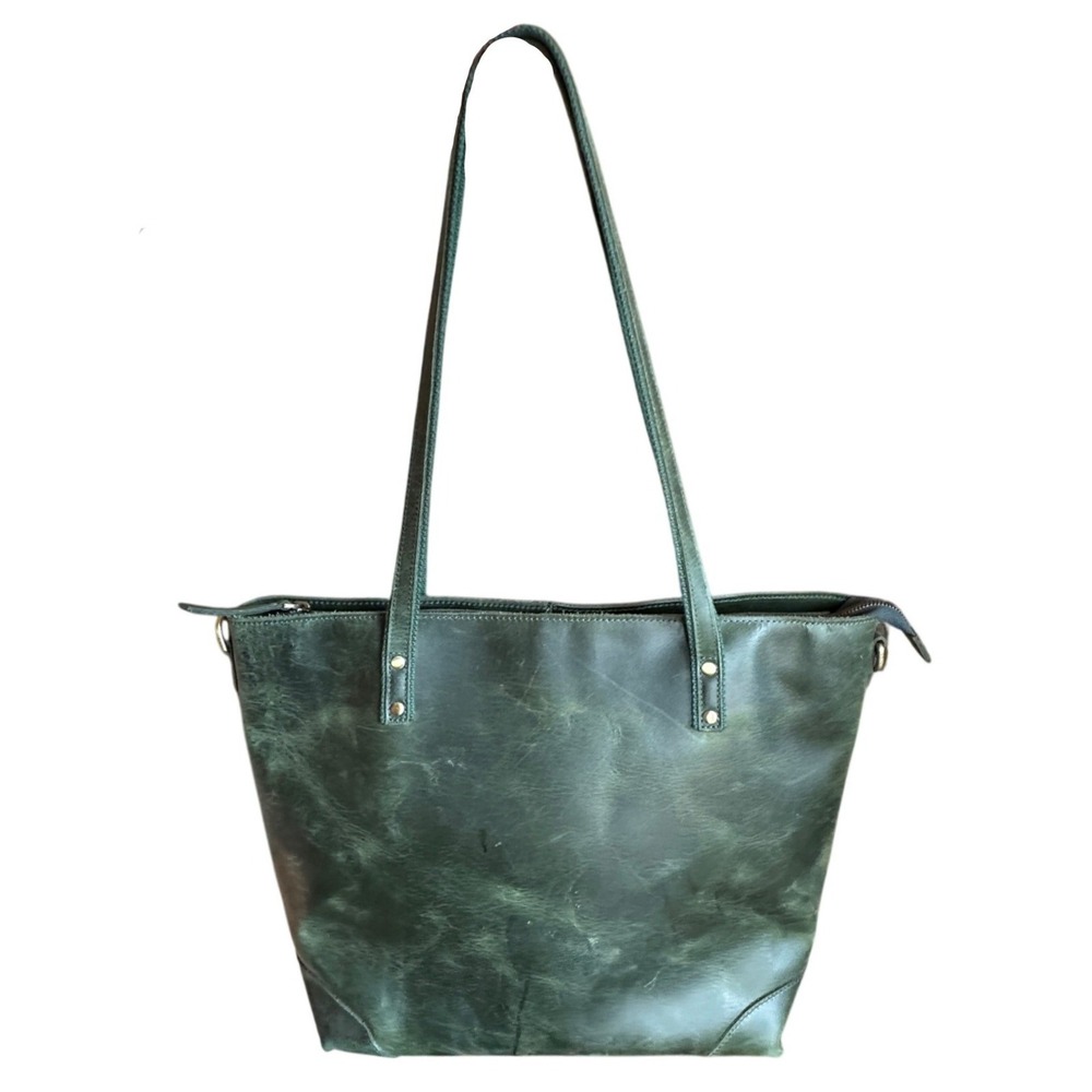 S-ZONE Green Leather Tote Bag Large Shoulder Work Laptop Purse Distressed